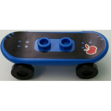 blue minifigure utensil skateboard deck with red apple with white outline on black background pattern sticker with black wheels 42511pb25 2496 - set 79118