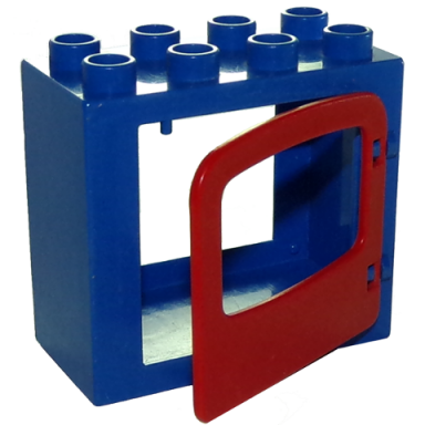 blue duplo door window frame 2 x 4 x 3 flat front surface with red door window with single pane and interior top clip 4253 4247