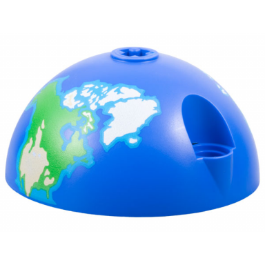 blue cylinder hemisphere 5 x 5 axle hole in center and 2 pin holes with earth globe north pattern 