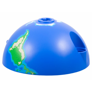 blue cylinder hemisphere 5 x 5 axle hole in center and 2 pin holes with earth globe south pattern