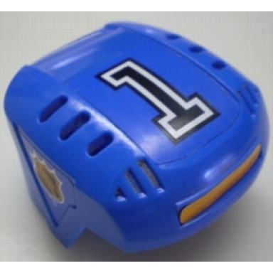 blue sports hockey helmet with nhl logo both sides black number 1 and orange stripe pattern stickers - set 3545