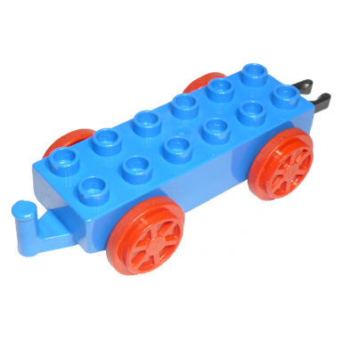 blue duplo train base 2 x 6 with red train wheels and movable hook