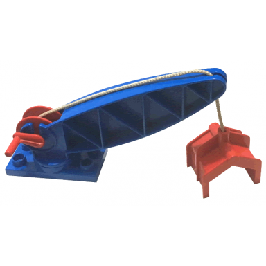 blue duplo crane base with arm and red winch large claw and crank