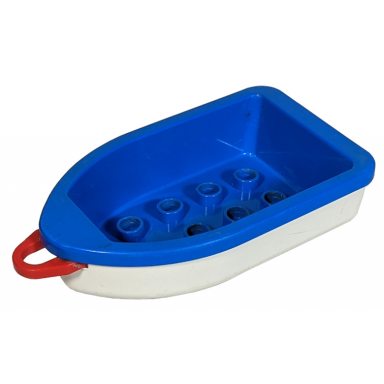 blue duplo boat with 2 x 4 studs inside with red tow loop and white bottom