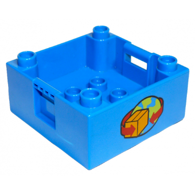 blue duplo container box 4 x 4 with studs on corners with box and arrows and globe pattern on both sides