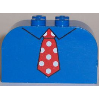 blue slope curved 4 x 2 x 2 double with 4 studs with red tie with white polka dots pattern
