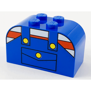 blue slope curved 4 x 2 x 2 double with 4 studs with overalls with pocket and yellow buttons over shirt with red and white stripes pattern