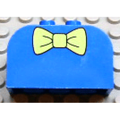 blue slope curved 4 x 2 x 2 double with 4 studs with yellow bow tie pattern