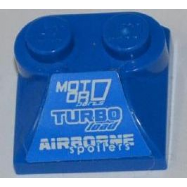blue slope curved 2 x 2 x 2 3 with 2 studs and curved sides with motor parts turbo load and airborne spoilers pattern sticker - set 8126