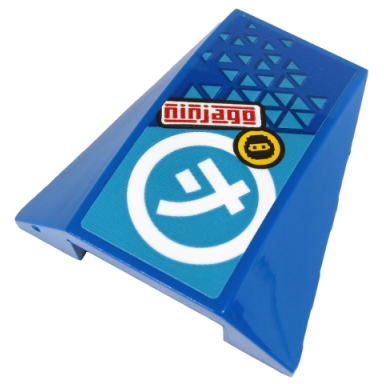 blue wedge 4 x 4 triple curved no studs with red ninjago white ninjago j symbol in circle and face on yellow circle pattern sticker - set 71711