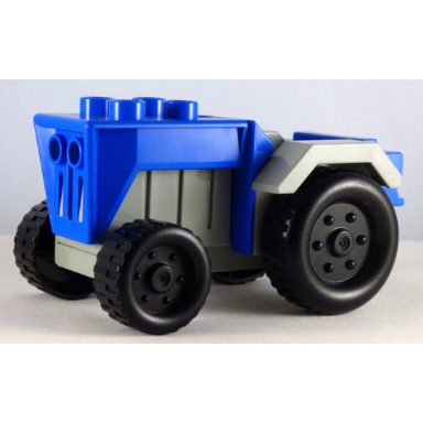 blue duplo farm tractor with black wheels light gray engine and fenders and light gray hitch