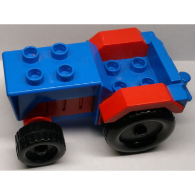 blue duplo farm tractor with black wheels red engine and fenders and blue hitch