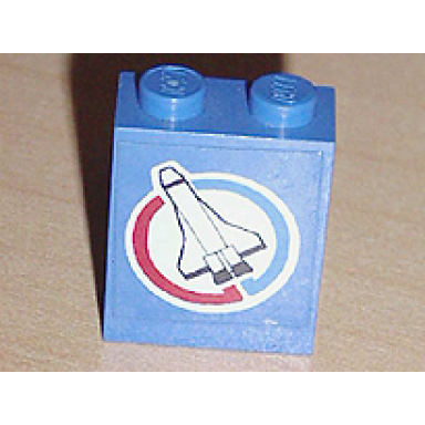 blue panel 1 x 2 x 2 - solid studs with space shuttle and blue and red semicircles on white circle background pattern model left side sticker - set 6544
