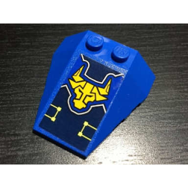 blue wedge 4 x 4 triple with stud notches with yellow nexo knights bull head and circuitry pattern sticker - set 70322