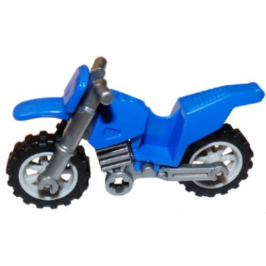 blue motorcycle dirt bike with flat silver chassis long fairing mounts and light bluish gray wheels