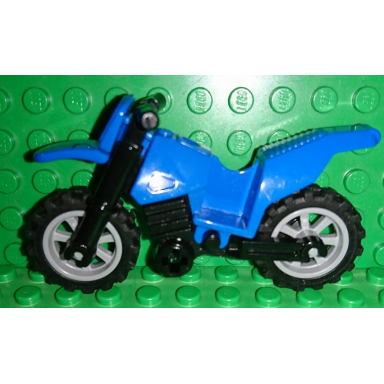 blue motorcycle dirt bike with black chassis long fairing mounts and light bluish gray wheels
