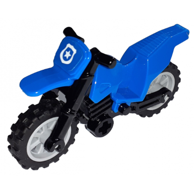 blue motorcycle dirt bike with black chassis long fairing mounts and light bluish gray wheels with white police star badge on blue background pattern sticker - sets 60170 60172