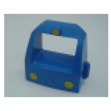 blue duplo train passenger locomotive front with three yellow headlights pattern