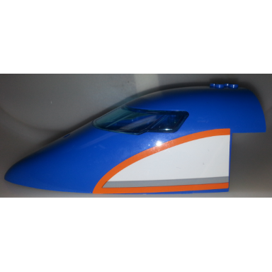 blue aircraft fuselage forward top curved 8 x 16 x 5 with trans-light blue glass with orange light bluish gray white pattern on both sides stickers - set 60104