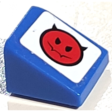 blue slope 30 1 x 1 x 2 3 with red devil smiley pattern model left sticker - set 8120