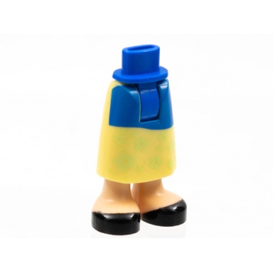 blue mini doll hips and bright light yellow skirt long with molded light nougat legs and printed blue apron yellowish green flowers and black shoes pattern - thick hinge