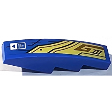 blue slope curved 4 x 1 with gold armor plates with black and dark orange lines and white rectangle with writing and triangle pattern model left side sticker - set 71768