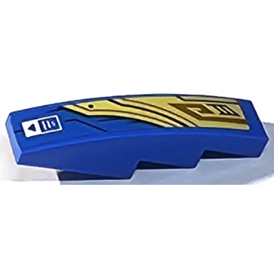 blue slope curved 4 x 1 with gold armor plates with black and dark orange lines and white rectangle with writing and triangle pattern model right side sticker - set 71768
