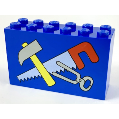 blue brick 2 x 6 x 3 with light gray tongs hammer with yellow handle and hand saw with red handle pattern