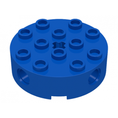 blue brick round 4 x 4 with 4 side pin holes and center axle hole