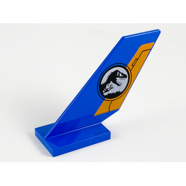blue tail shuttle with orange trim and silver jurassic world logo pattern on both sides