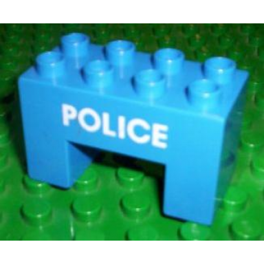 blue duplo brick 2 x 4 x 2 with 2 x 2 cutout on bottom with police text pattern
