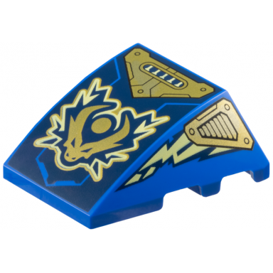 blue wedge 4 x 3 triple curved no studs with gold dragon head and armor bright light yellow electricity lightning bolts on dark blue background pattern