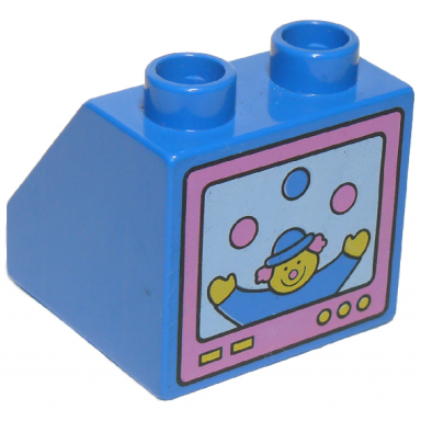 blue duplo brick 2 x 2 x 1 1 2 slope 45 with clown juggling on tv screen pattern
