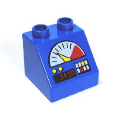 blue duplo brick 2 x 2 x 1 1 2 slope 45 with gauge buttons and 34.50 pattern