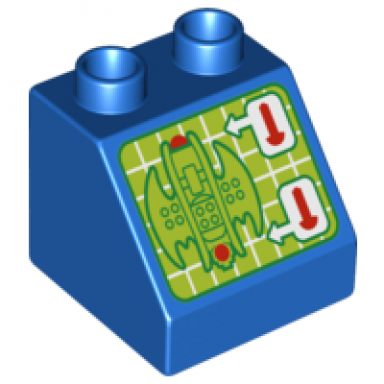 blue duplo brick 2 x 2 x 1 1 2 slope 45 with screen with batwing and shooting controls pattern