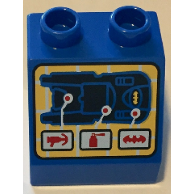 blue duplo brick 2 x 2 x 1 1 2 slope 45 with screen with batmobile and instrument locations pattern