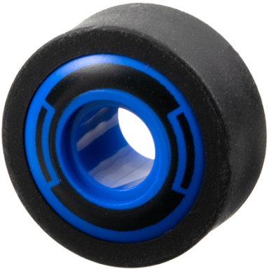 blue wheel 11mm d x 8mm with center groove 8 spokes and smooth side with black circle and arcs pattern with black tire 14mm d x 6mm solid smooth 6683pb01 50945