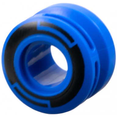 blue wheel 11mm d x 8mm with center groove 8 spokes and smooth side with black circle and arcs pattern