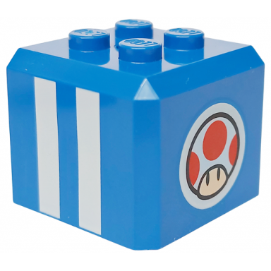 brick modified cube 4 studs on top with white stripes and super mario toad head logo on circle pattern on all sides super mario toad blue toad pit crew cap