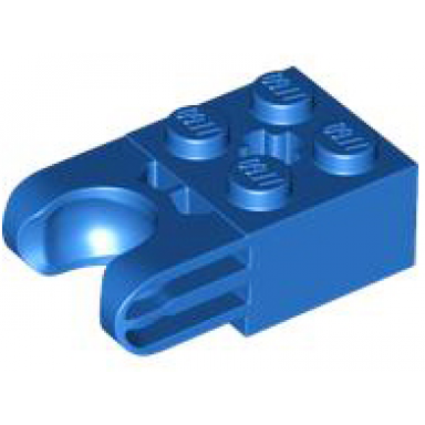 blue technic brick modified 2 x 2 with ball socket and axle hole - straight forks with round ends and closed sides