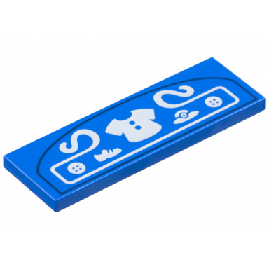 blue tile 2 x 6 with store sign with white shirt shoe hat buttons in filigree and dark blue border pattern