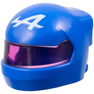 blue minifigure headgear helmet formula one with molded trans-dark pink visor and printed alpine logo stylized white capital letter a pattern