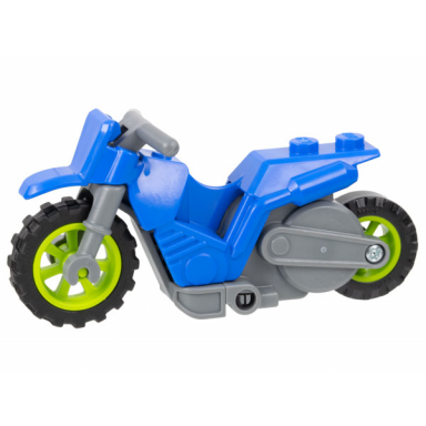 blue stuntz flywheel motorcycle dirt bike with dark bluish gray frame lime wheels and dark bluish gray handlebars