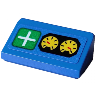 blue slope 30 1 x 2 x 2 3 with two yellow gauges with red needles and green radar screen with white cross pattern sticker - set 40712
