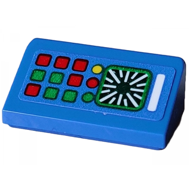 blue slope 30 1 x 2 x 2 3 with yellow red and green buttons black radar screen and white bar pattern sticker - set 40712
