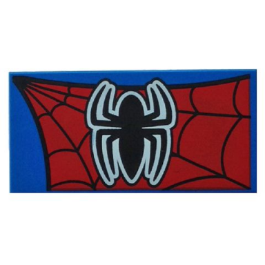 blue tile 2 x 4 with black spider with white outline on red spider-man web pattern