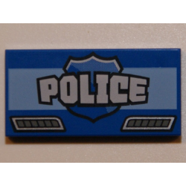 blue tile 2 x 4 with white police blue shield and dark bluish gray vents pattern