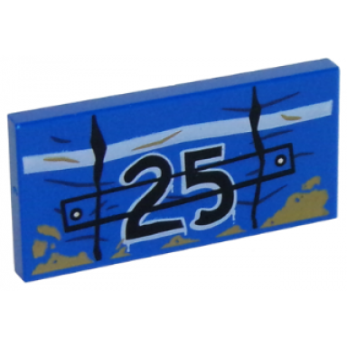 blue tile 2 x 4 with black 25 and white line and mud splotches pattern