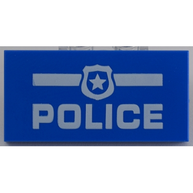 blue tile 2 x 4 with white police and badge pattern