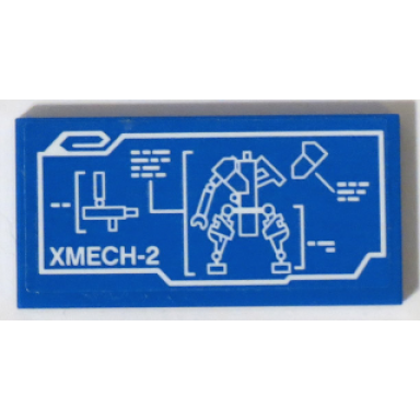 blue tile 2 x 4 with white xmech-2 mechanical drawing blueprint pattern sticker - set 70596